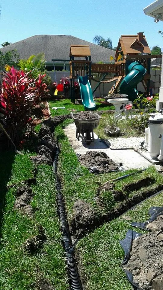 Backyard french drain trench wheelbarrow playset pool pump, Sanford
